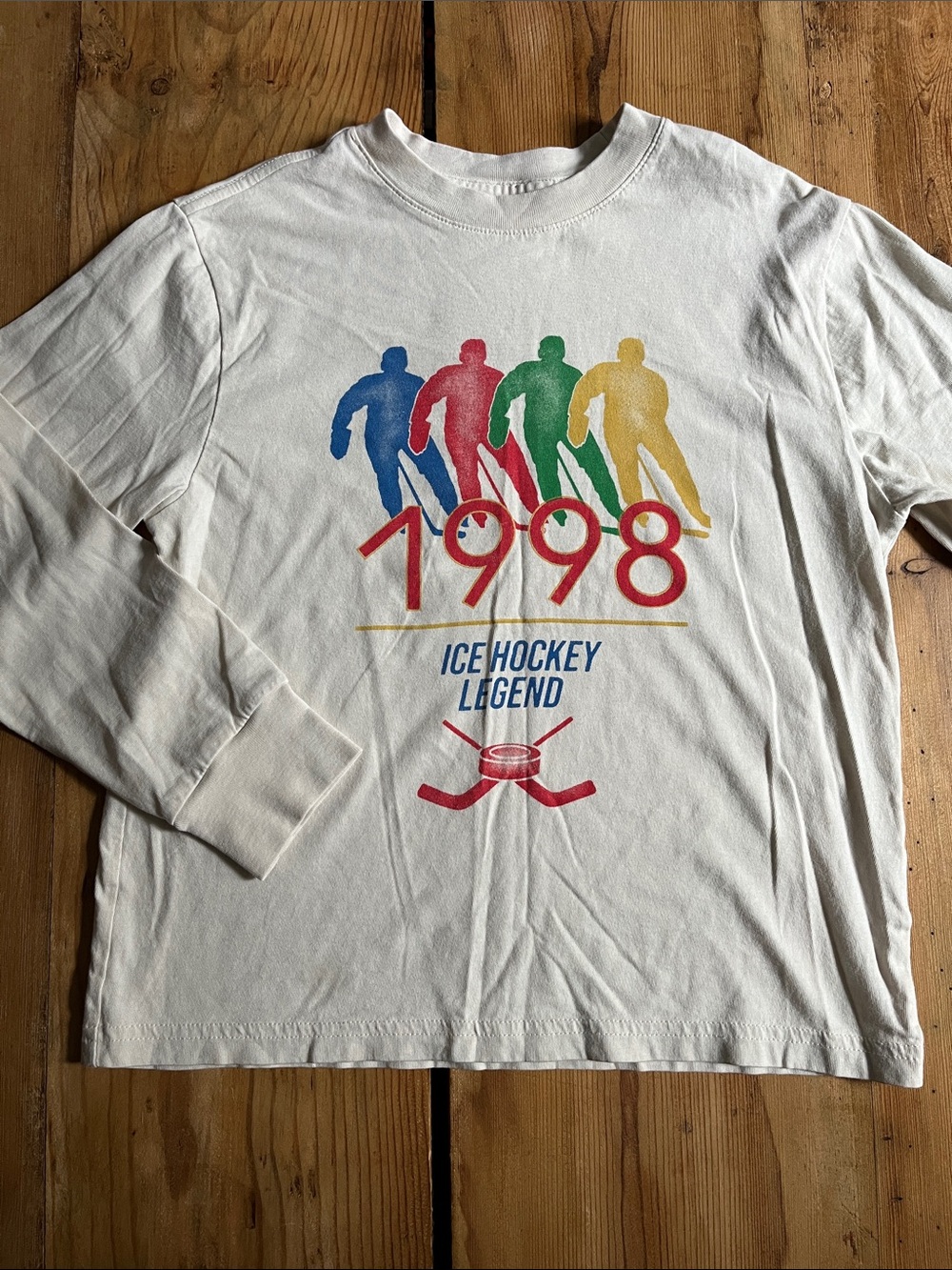 CREWCUTS 8-9 Ivory Ice Hockey Graphic Shirt Long Sleeves Legend